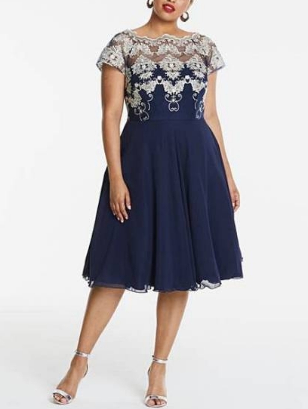 Chi Chi London - Navy Midi Dress with Cream Embroidered Bodice